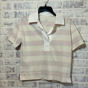 Everlane Women’s XXS Polo Shirt Boxy Crop Organic Cotton S/S Purple Cream Stripe